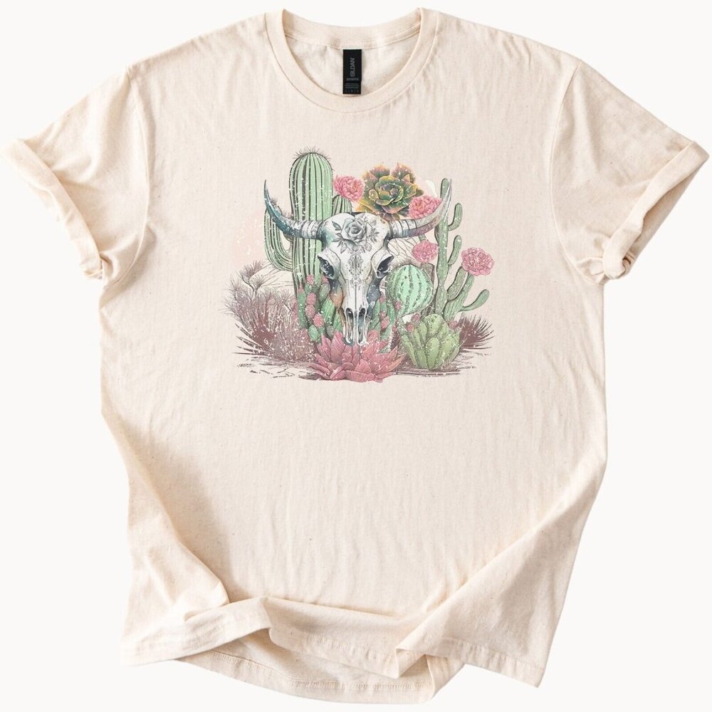 Desert Cow Skull Shirt Cactus Graphic Tee Western Boho Floral Beige Shirt